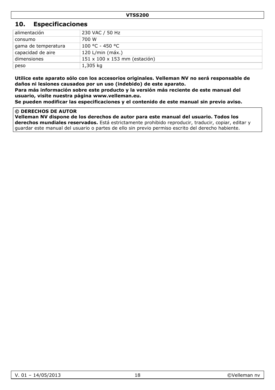 Especificaciones | Velleman VTSS200 User Manual | Page 18 / 33