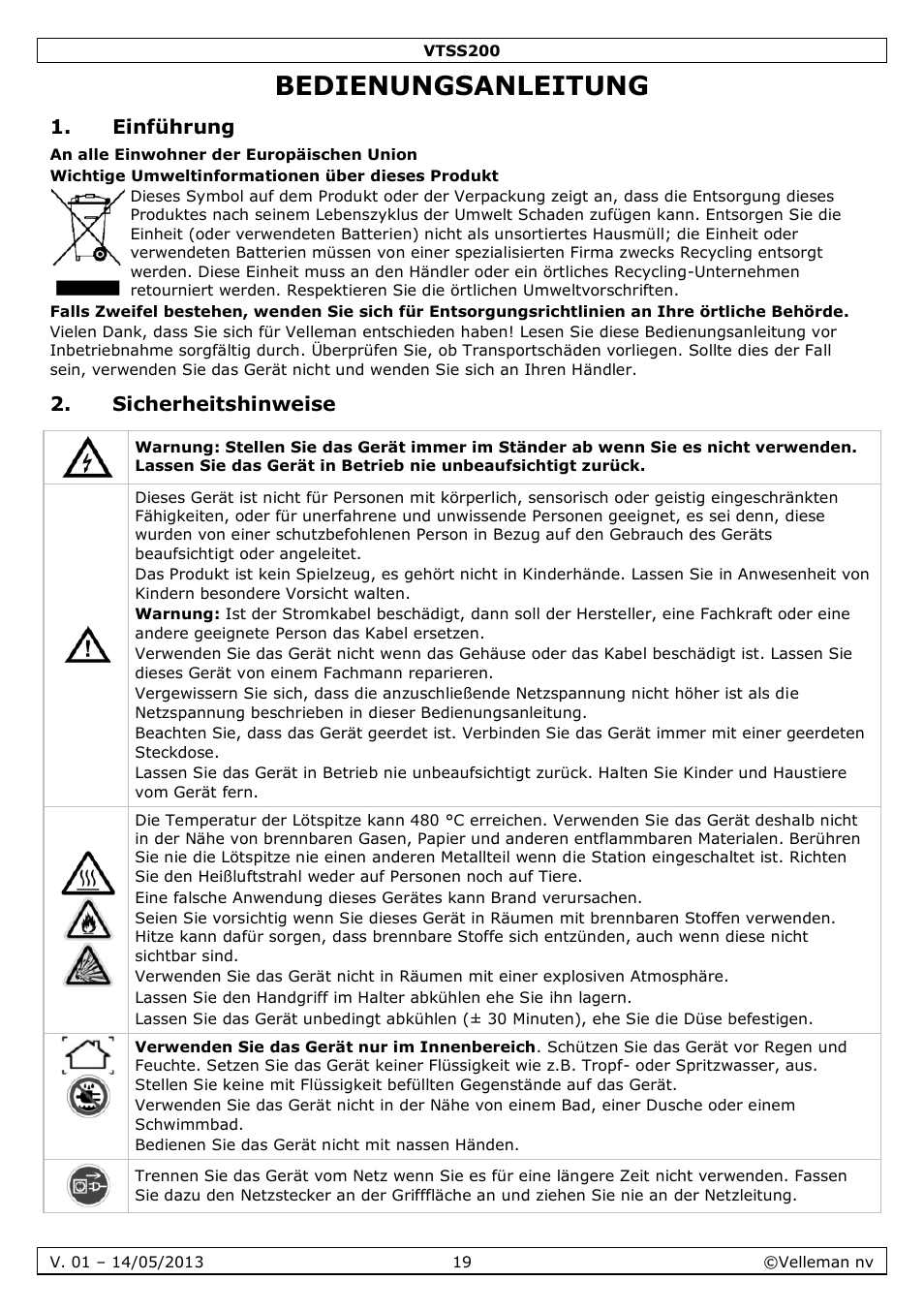 Bedienungsanleitung, Einführung, Sicherheitshinweise | Velleman VTSS200 User Manual | Page 19 / 33
