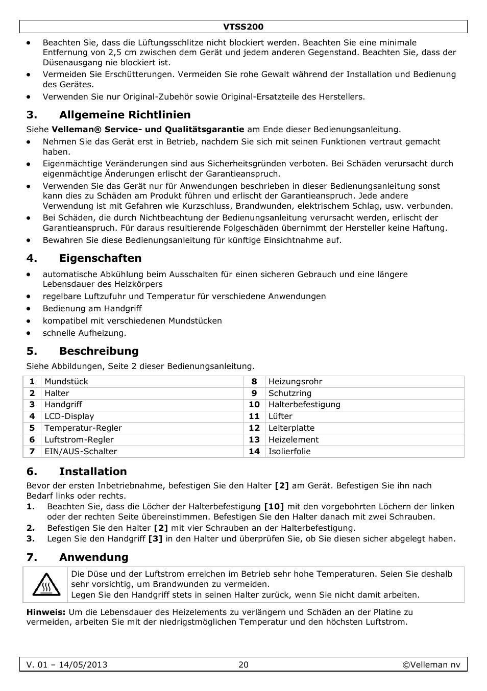 Allgemeine richtlinien, Eigenschaften, Beschreibung | Installation, Anwendung | Velleman VTSS200 User Manual | Page 20 / 33