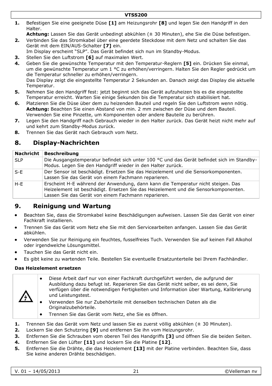 Display-nachrichten, Reinigung und wartung, Das heizelement ersetzen | Velleman VTSS200 User Manual | Page 21 / 33