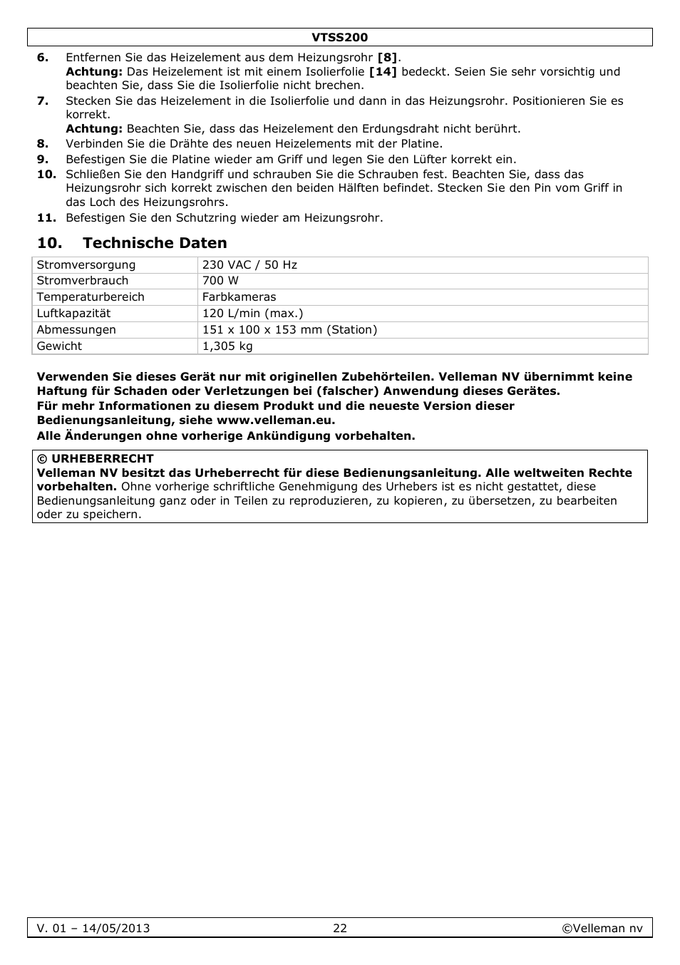 Technische daten | Velleman VTSS200 User Manual | Page 22 / 33