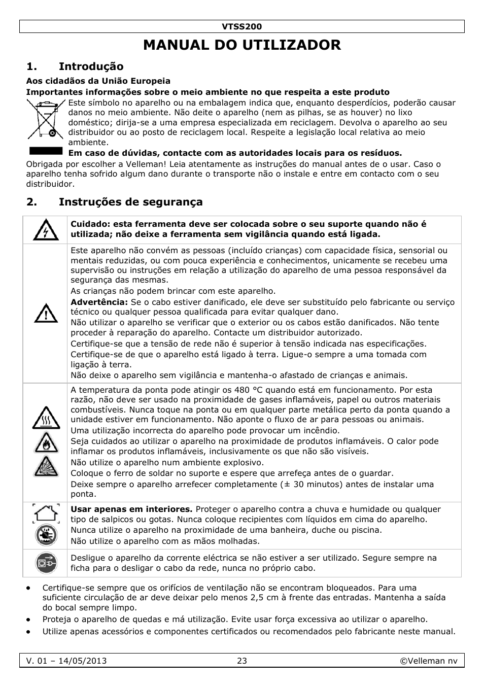 Manual do utilizador, Introdução, Instruções de segurança | Velleman VTSS200 User Manual | Page 23 / 33