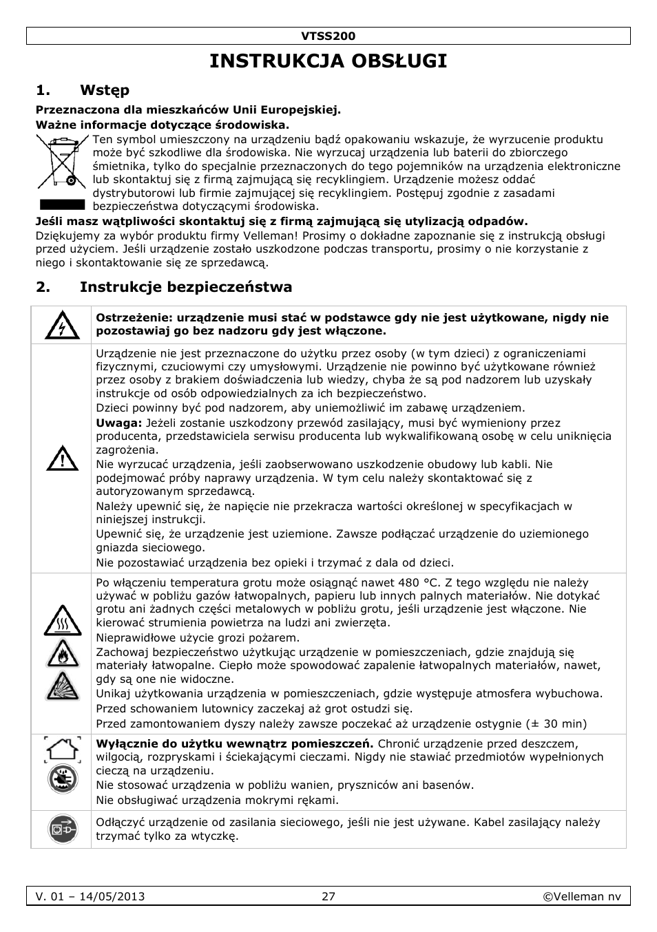 Instrukcja obsługi, Wstęp, Instrukcje bezpieczeństwa | Velleman VTSS200 User Manual | Page 27 / 33