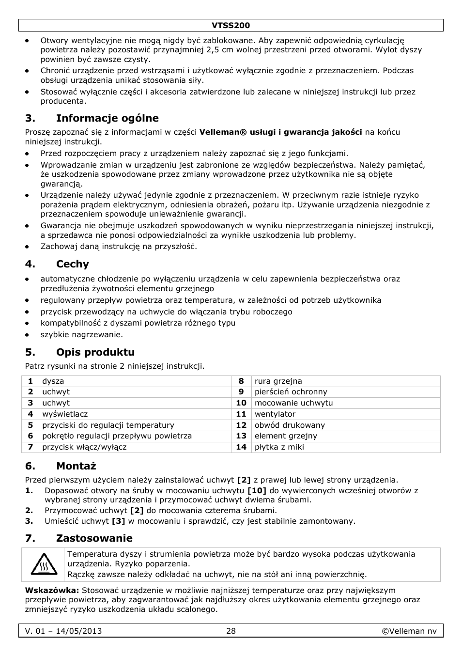 Informacje ogólne, Cechy, Opis produktu | Montaż, Zastosowanie | Velleman VTSS200 User Manual | Page 28 / 33