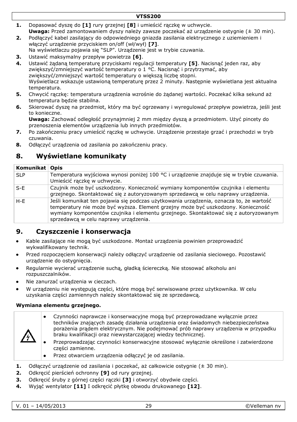 Wyświetlane komunikaty, Czyszczenie i konserwacja, Wymiana elementu grzejnego | Velleman VTSS200 User Manual | Page 29 / 33