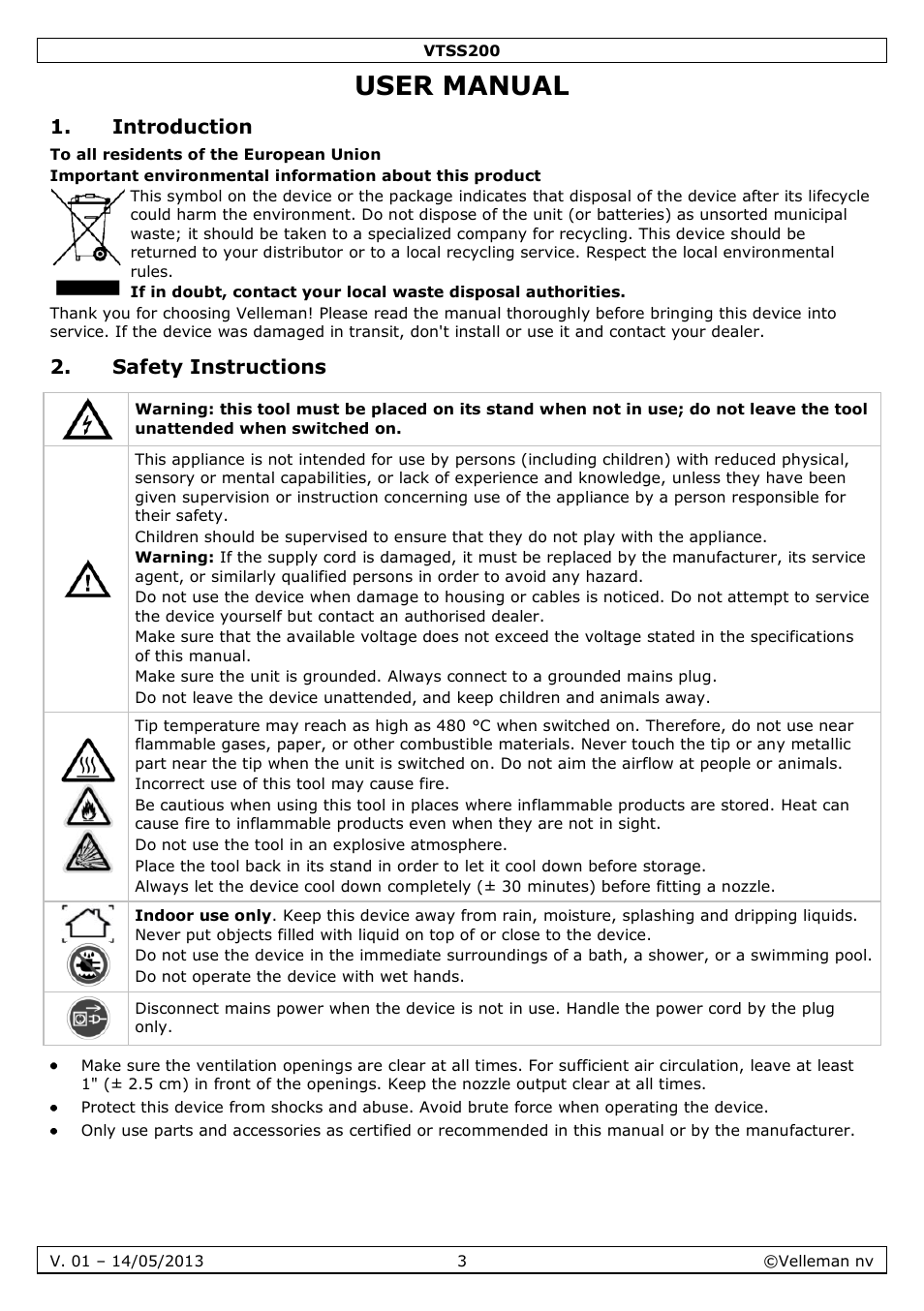 User manual, Introduction, Safety instructions | Velleman VTSS200 User Manual | Page 3 / 33