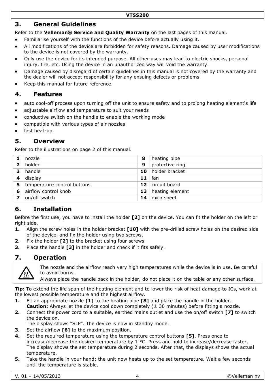 General guidelines, Features, Overview | Installation, Operation | Velleman VTSS200 User Manual | Page 4 / 33