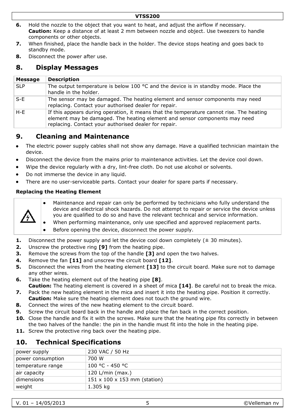 Display messages, Cleaning and maintenance, Replacing the heating element | Technical specifications | Velleman VTSS200 User Manual | Page 5 / 33