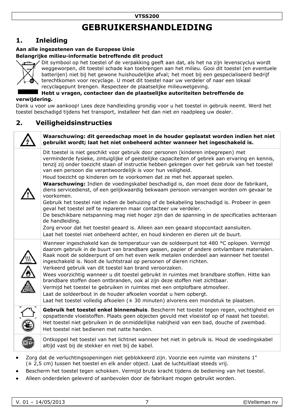 Gebruikershandleiding, Inleiding, Veiligheidsinstructies | Velleman VTSS200 User Manual | Page 7 / 33