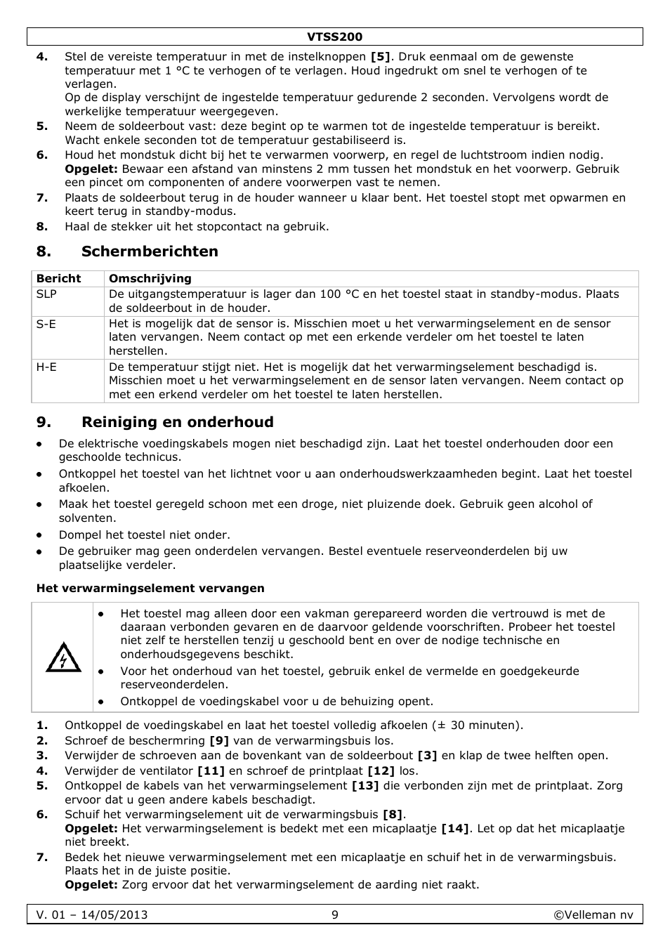 Schermberichten, Reiniging en onderhoud, Het verwarmingselement vervangen | Velleman VTSS200 User Manual | Page 9 / 33