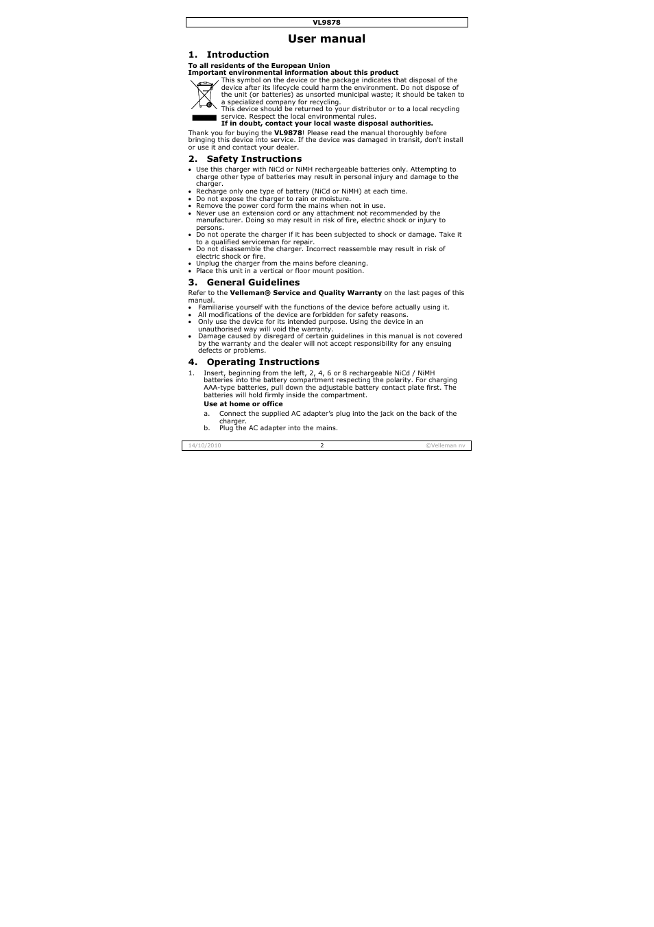 User manual | Velleman VL9878 User Manual | Page 2 / 15
