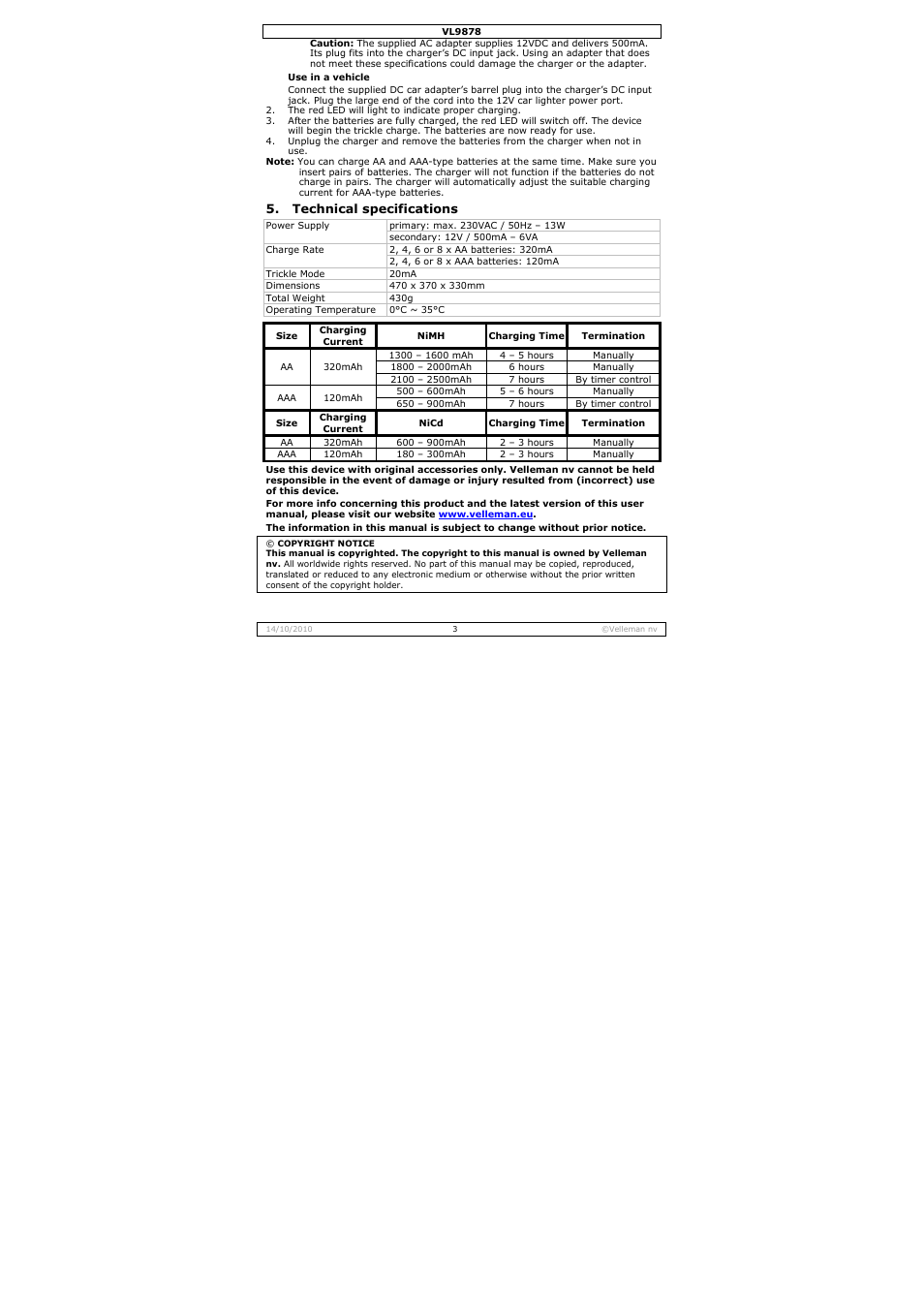 Velleman VL9878 User Manual | Page 3 / 15