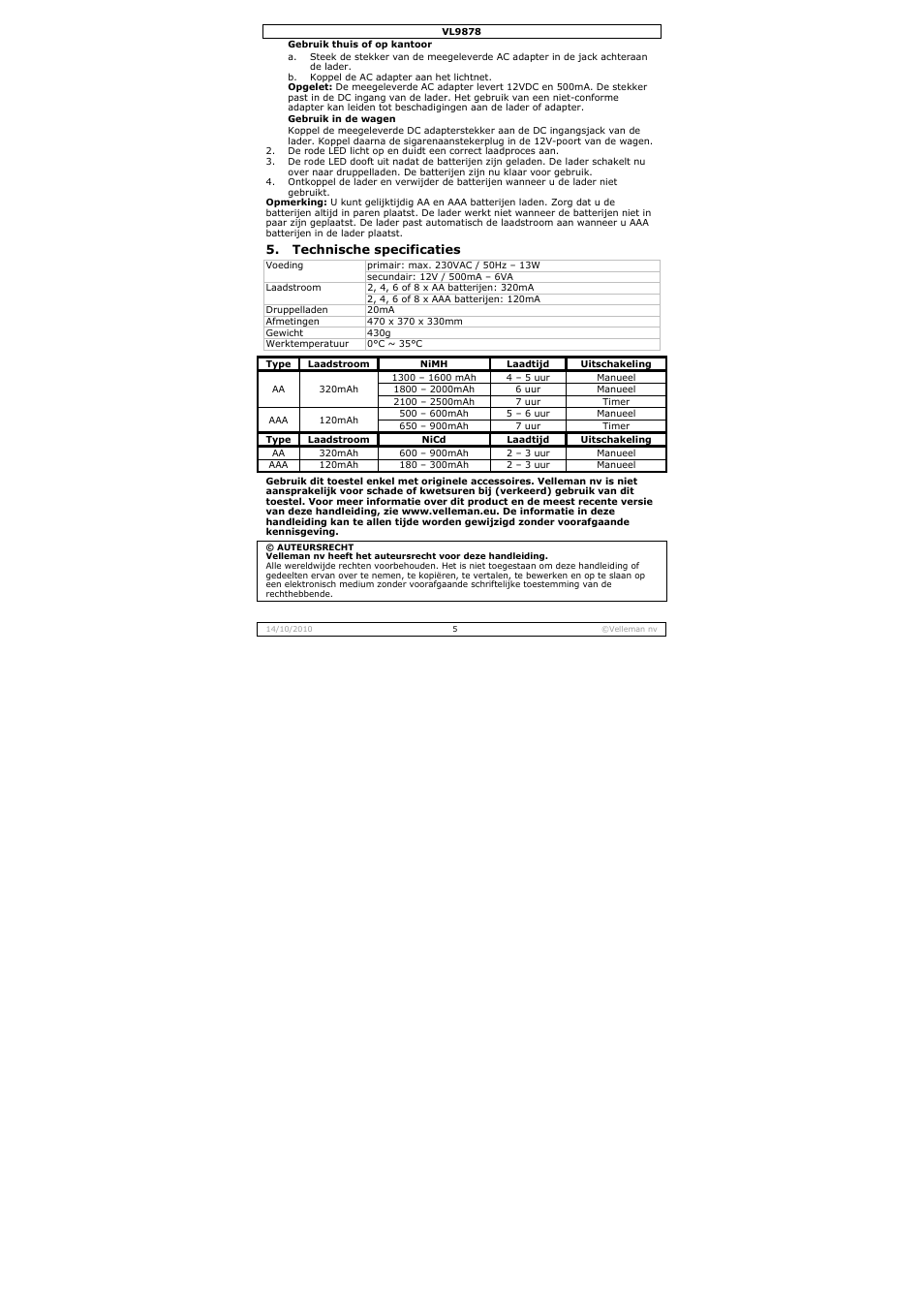 Velleman VL9878 User Manual | Page 5 / 15
