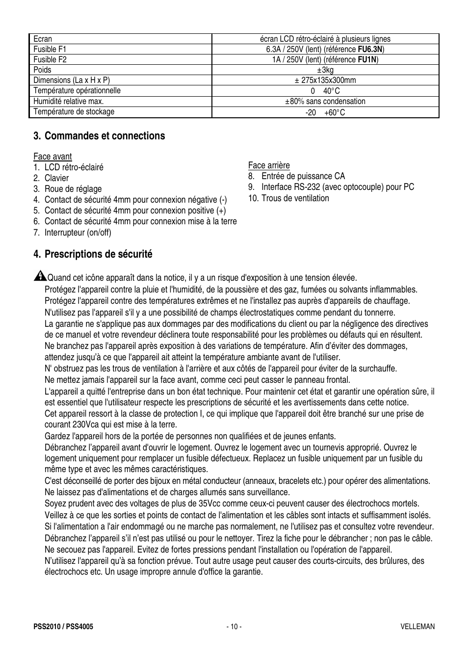 Commandes et connections, Prescriptions de sécurité | Velleman PSS4005 User Manual | Page 10 / 23