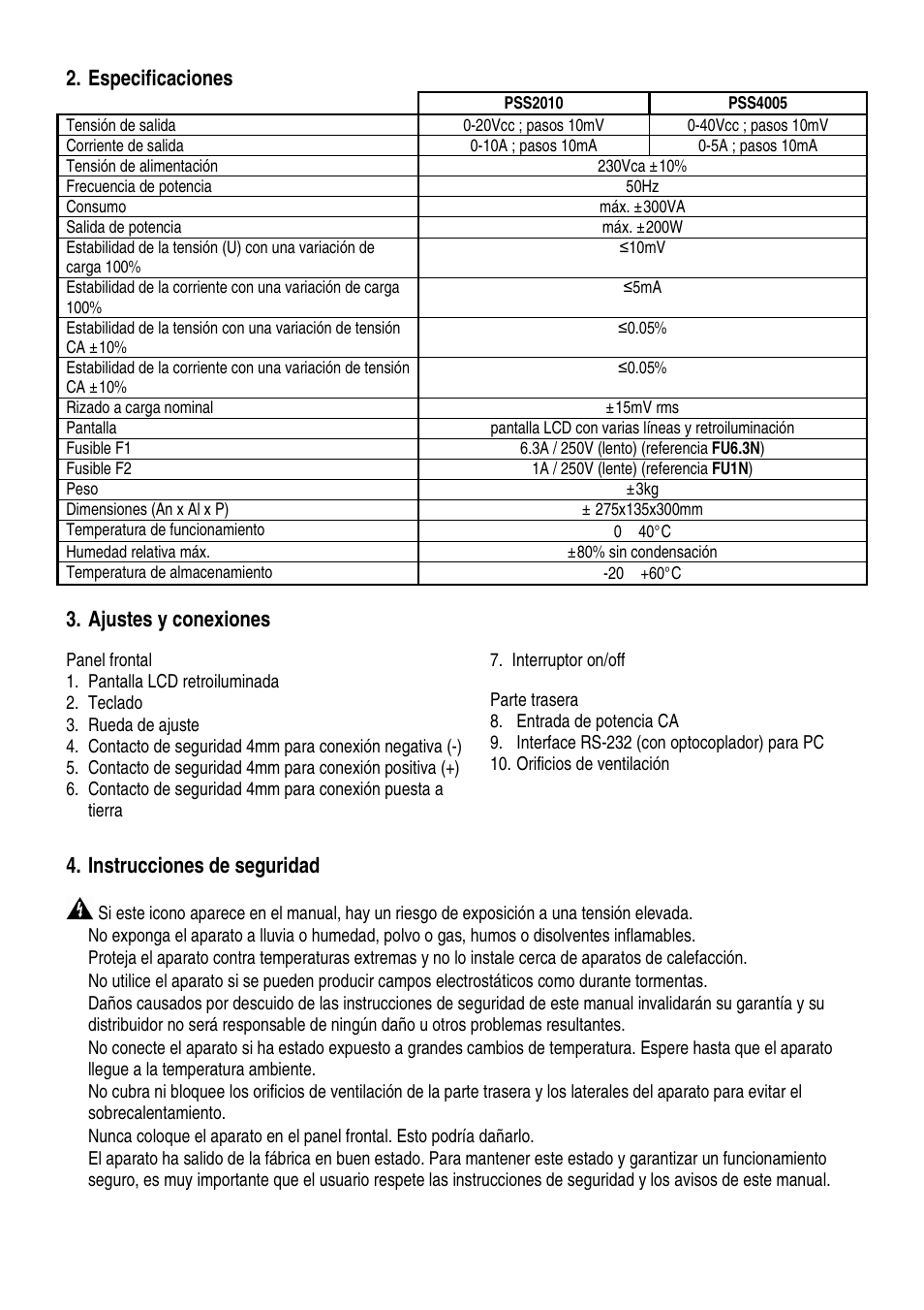 Especificaciones, Ajustes y conexiones, Instrucciones de seguridad | Velleman PSS4005 User Manual | Page 13 / 23
