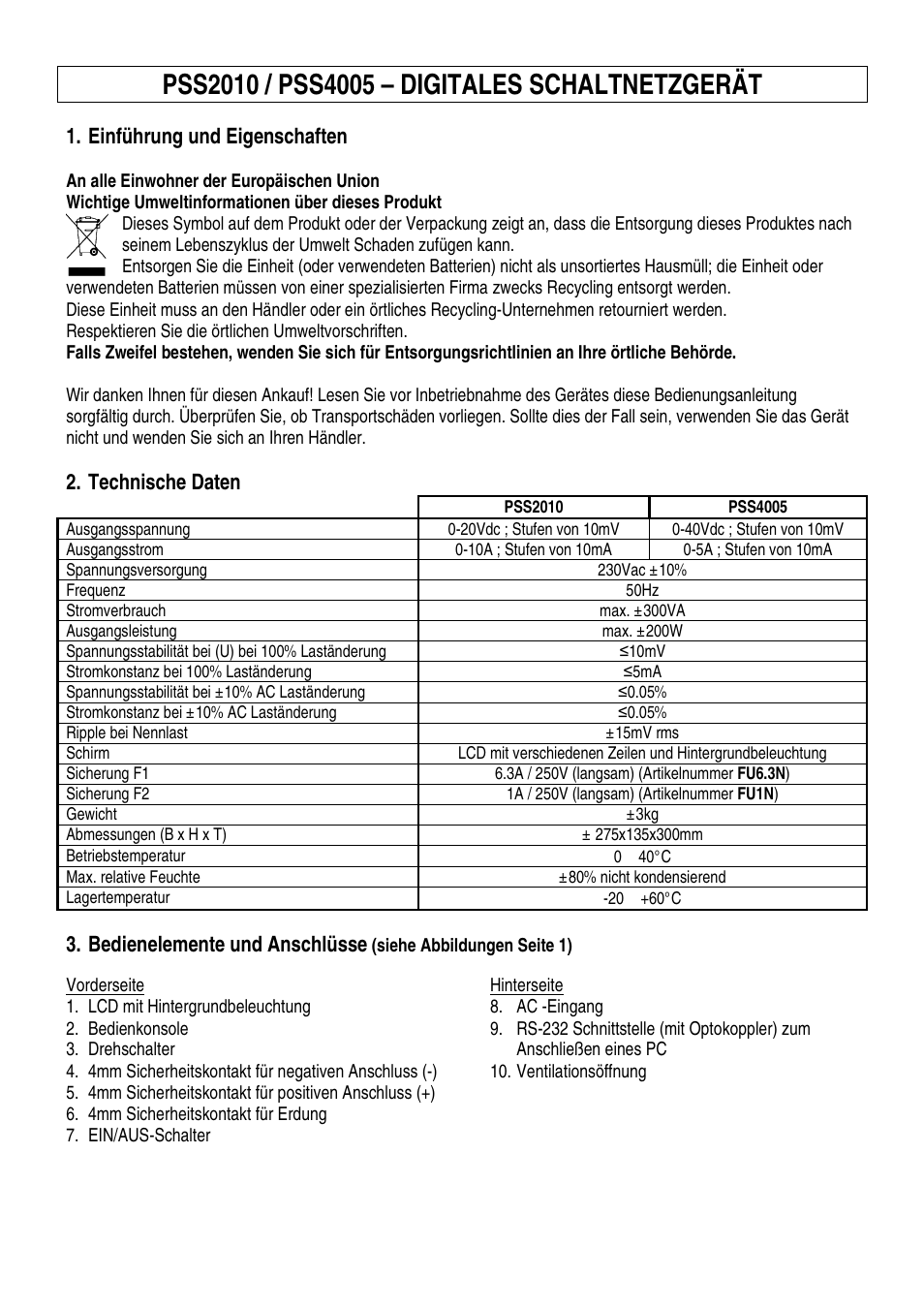 Einführung und eigenschaften, Technische daten, Bedienelemente und anschlüsse | Velleman PSS4005 User Manual | Page 16 / 23
