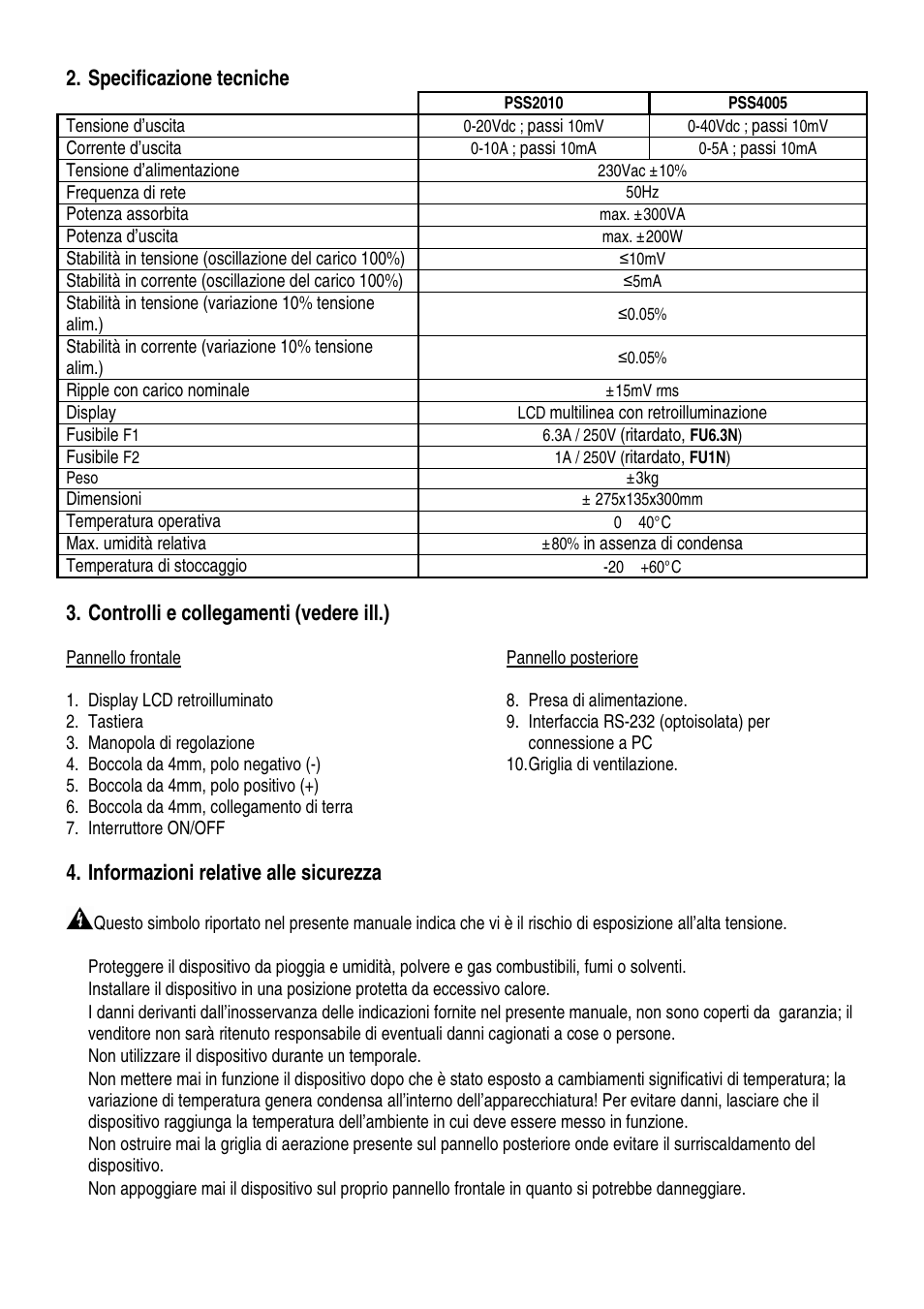 Specificazione tecniche, Controlli e collegamenti (vedere ill.), Informazioni relative alle sicurezza | Velleman PSS4005 User Manual | Page 20 / 23