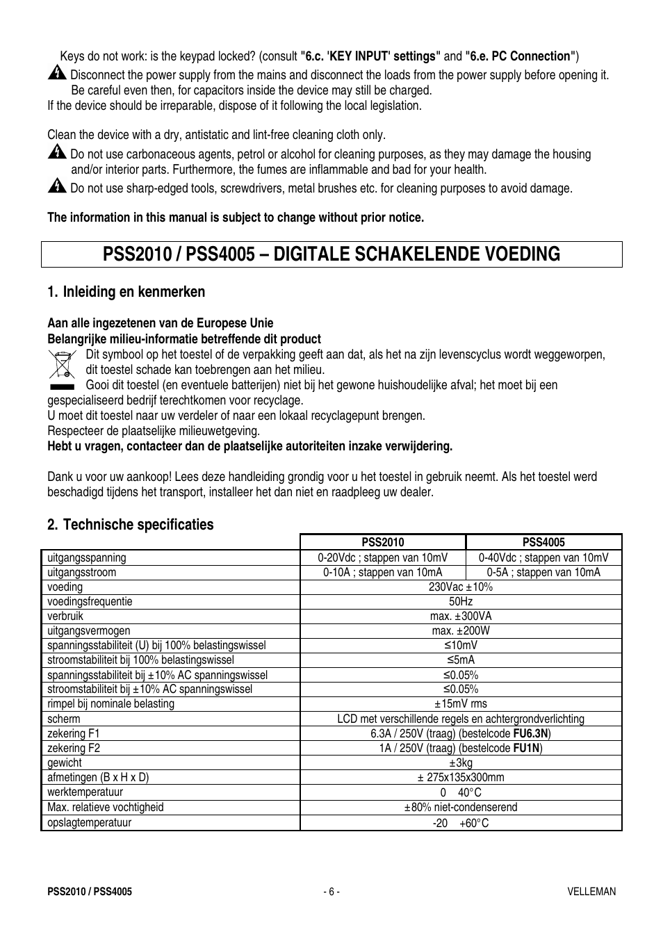 Inleiding en kenmerken, Technische specificaties | Velleman PSS4005 User Manual | Page 6 / 23
