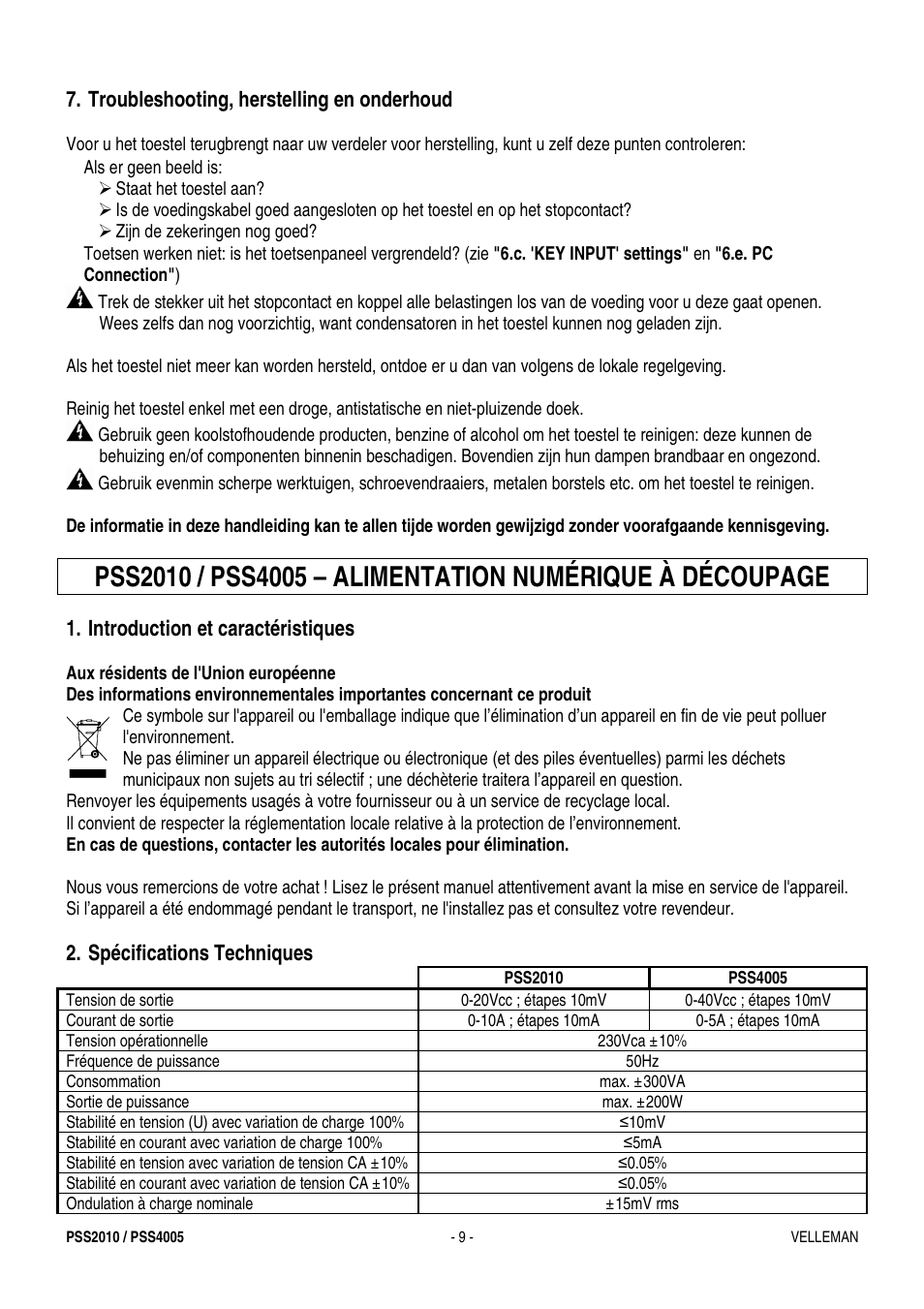 Troubleshooting, herstelling en onderhoud, Introduction et caractéristiques, Spécifications techniques | Velleman PSS4005 User Manual | Page 9 / 23