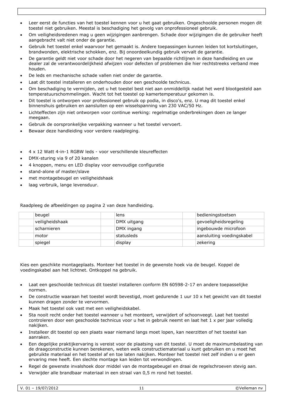 Eigenschappen, Omschrijving, Installatie | Velleman VDPL4300SC User Manual | Page 11 / 39