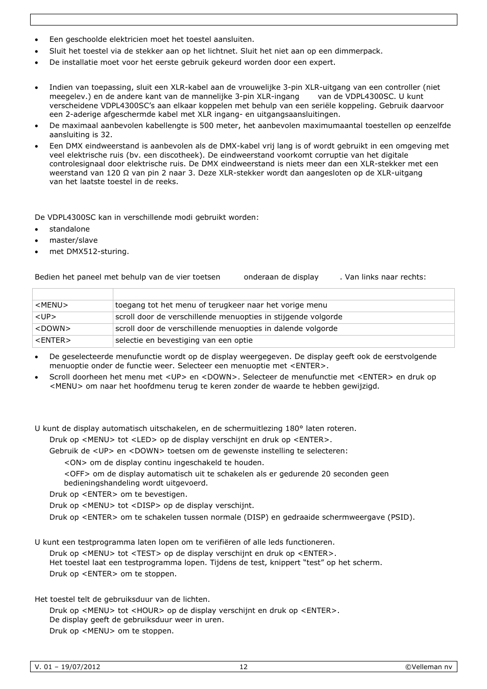 Gebruik | Velleman VDPL4300SC User Manual | Page 12 / 39