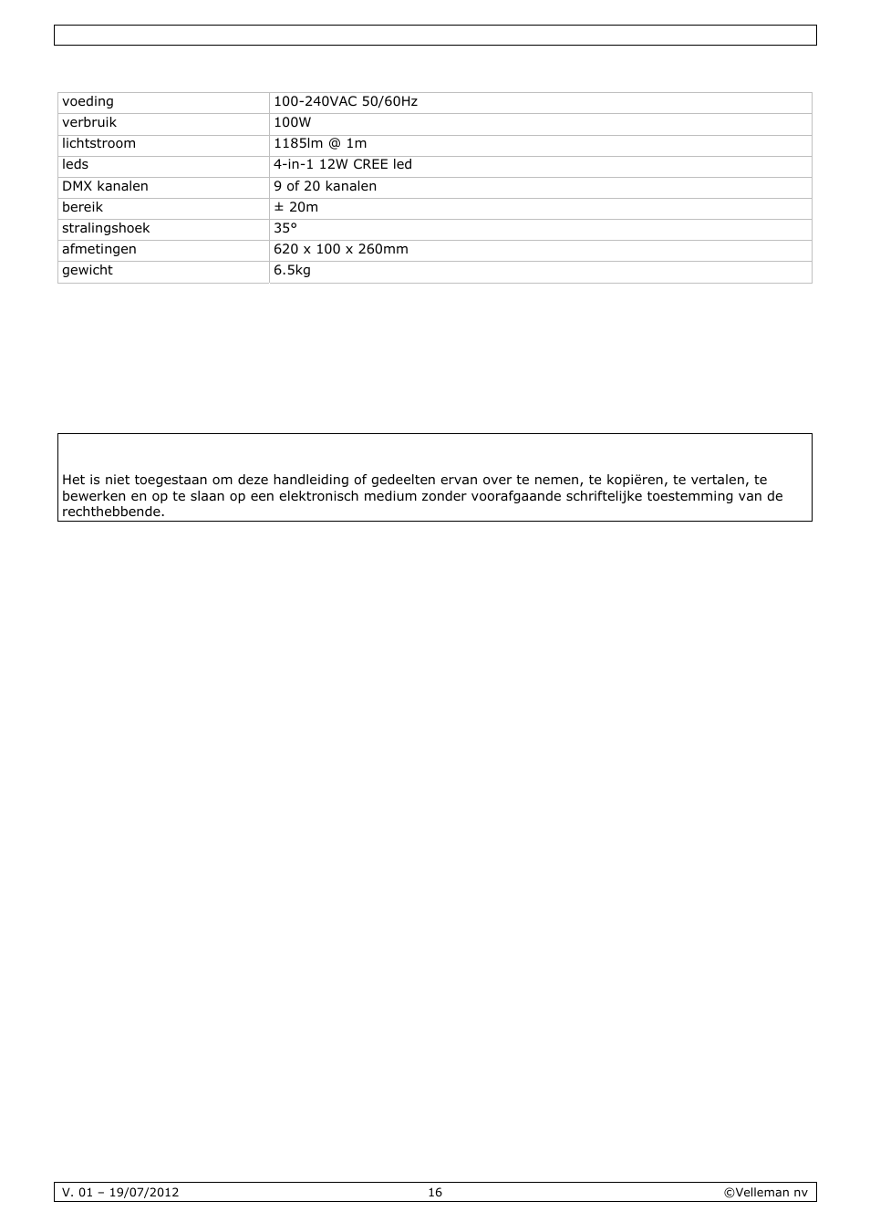Technische specificaties | Velleman VDPL4300SC User Manual | Page 16 / 39