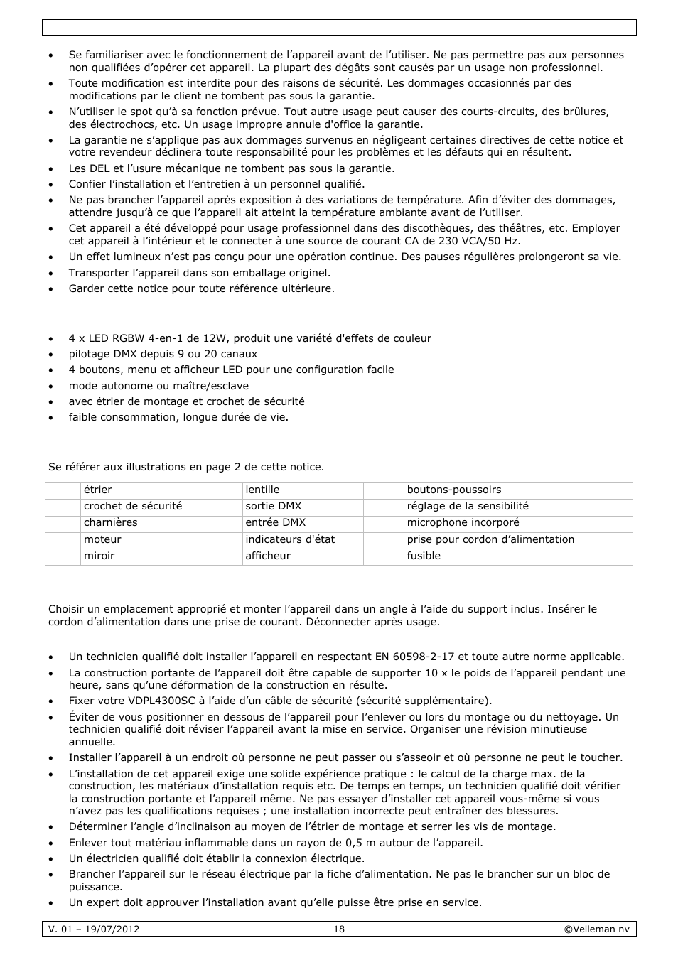 Caractéristiques, Description, Installation | Velleman VDPL4300SC User Manual | Page 18 / 39