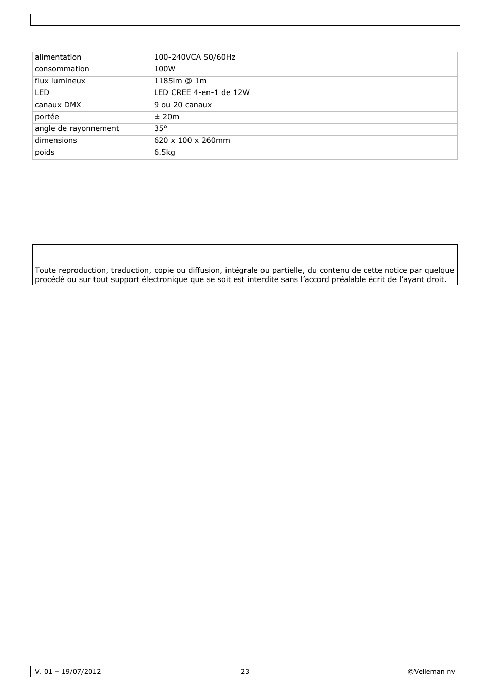 Spécifications techniques | Velleman VDPL4300SC User Manual | Page 23 / 39