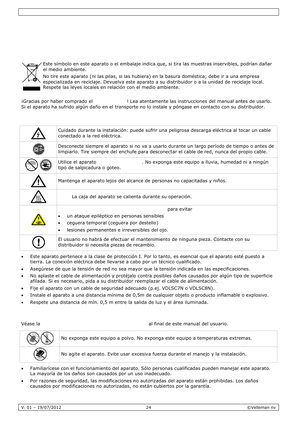 Manual del usuario, Anual, L del u | Usuar, Intro, Instr, Norm, Oducción, Ruccione, Mas gene | Velleman VDPL4300SC User Manual | Page 24 / 39