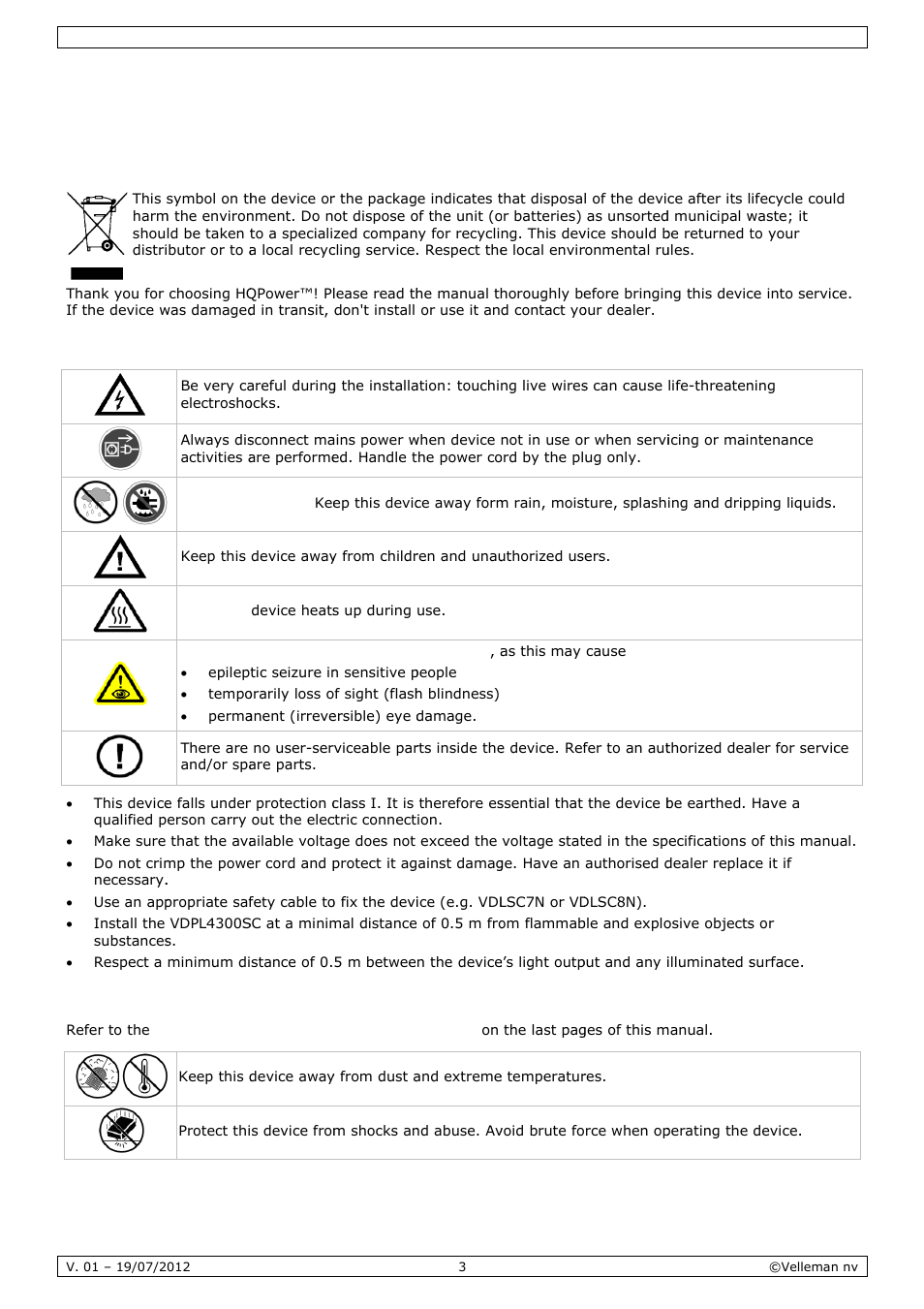 User manual, R man, Nual | Intro, Safet, Gene, Oduction, Ty instru, Eral guid, Uctions | Velleman VDPL4300SC User Manual | Page 3 / 39