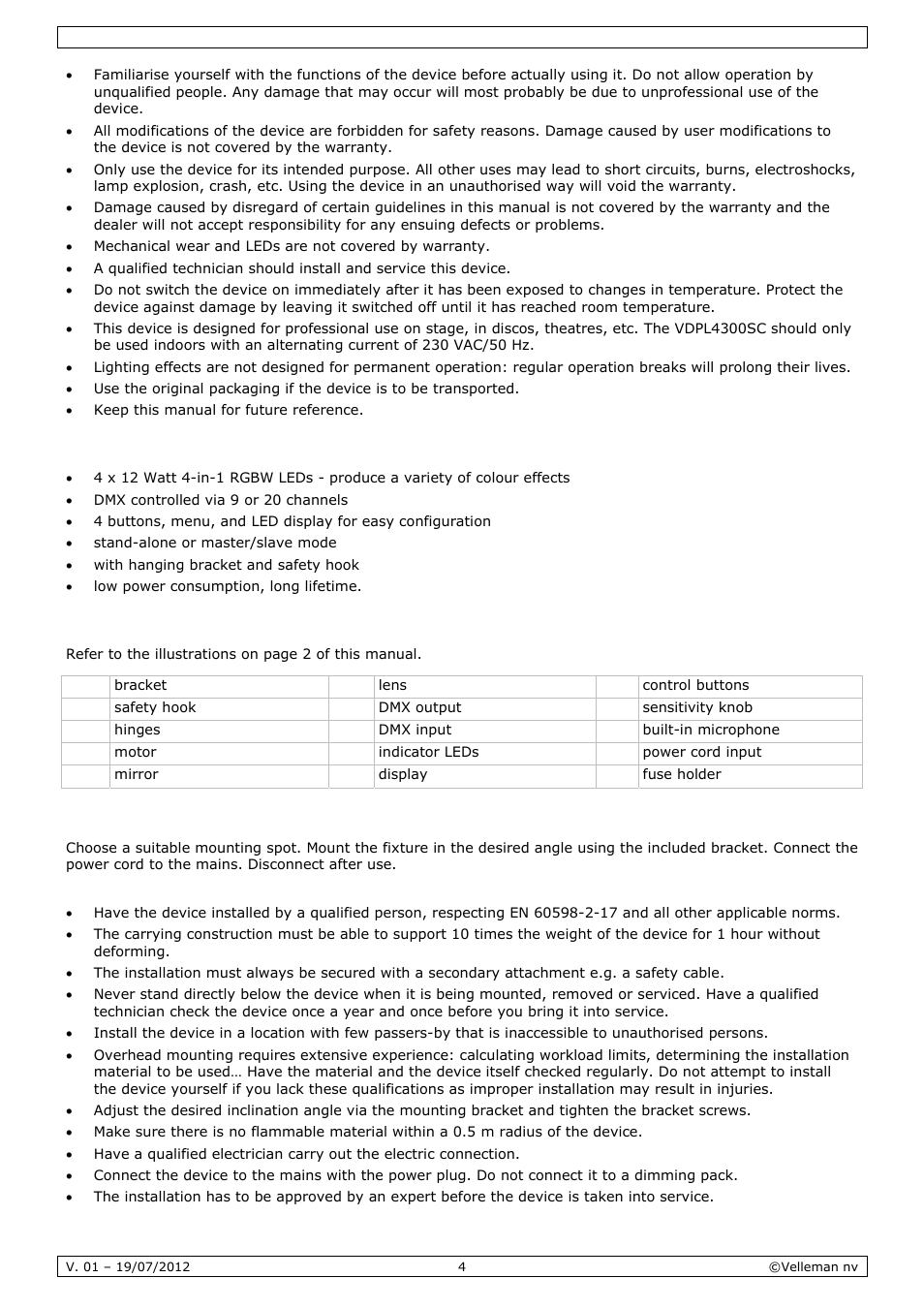 Features, Overview, Installation | Velleman VDPL4300SC User Manual | Page 4 / 39