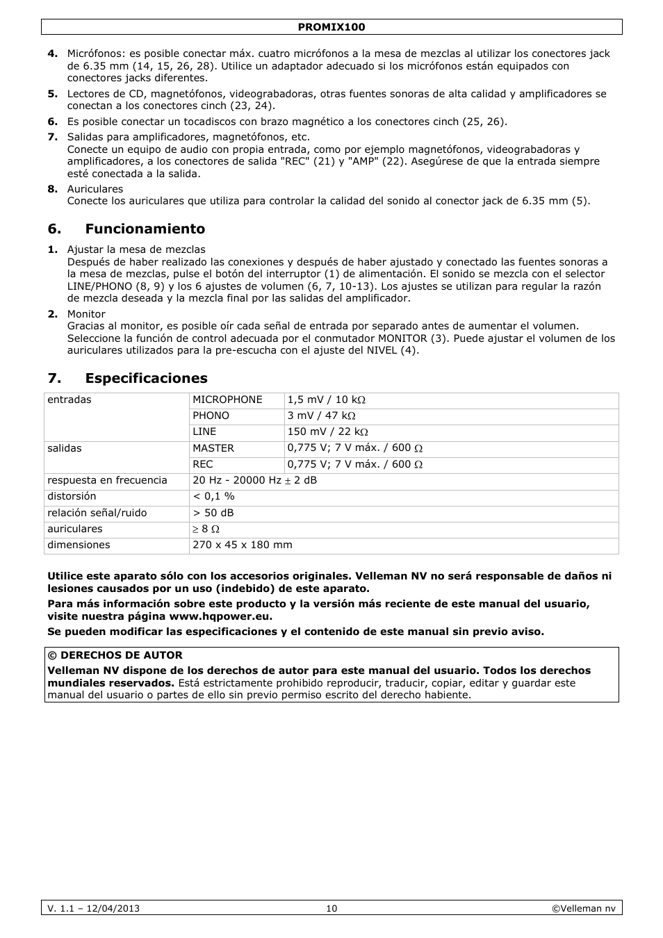 Funcionamiento, Especificaciones | Velleman PROMIX100 User Manual | Page 10 / 14