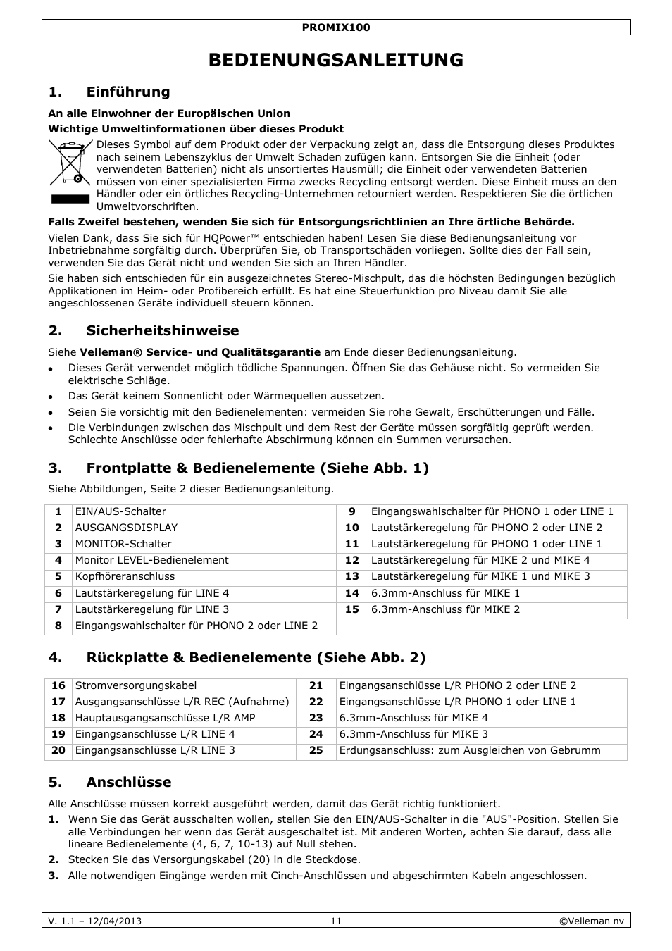 Bedienungsanleitung, Einführung, Sicherheitshinweise | Frontplatte & bedienelemente (siehe abb. 1), Rückplatte & bedienelemente (siehe abb. 2), Anschlüsse | Velleman PROMIX100 User Manual | Page 11 / 14