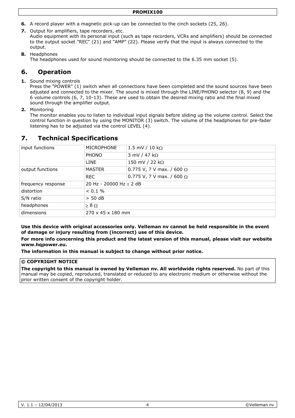 Operation, Technical specifications | Velleman PROMIX100 User Manual | Page 4 / 14