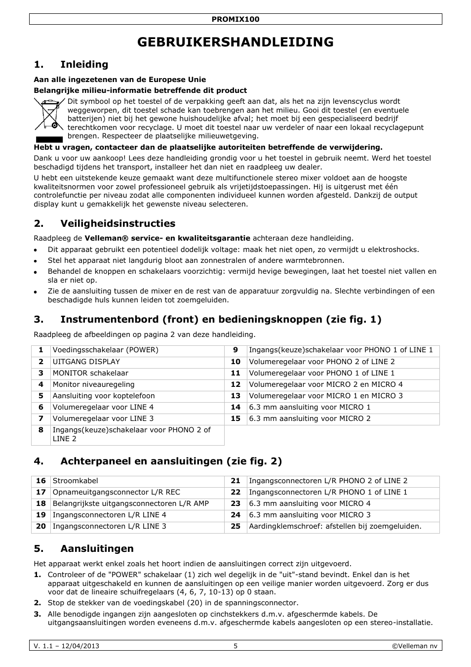Gebruikershandleiding, Inleiding, Veiligheidsinstructies | Achterpaneel en aansluitingen (zie fig. 2), Aansluitingen | Velleman PROMIX100 User Manual | Page 5 / 14