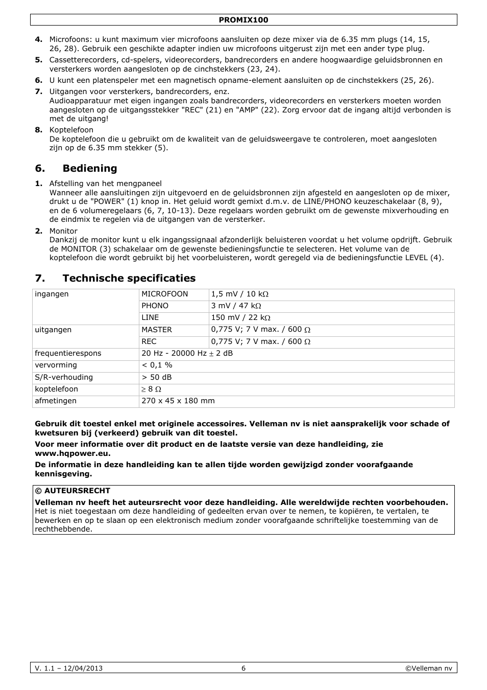 Bediening, Technische specificaties | Velleman PROMIX100 User Manual | Page 6 / 14