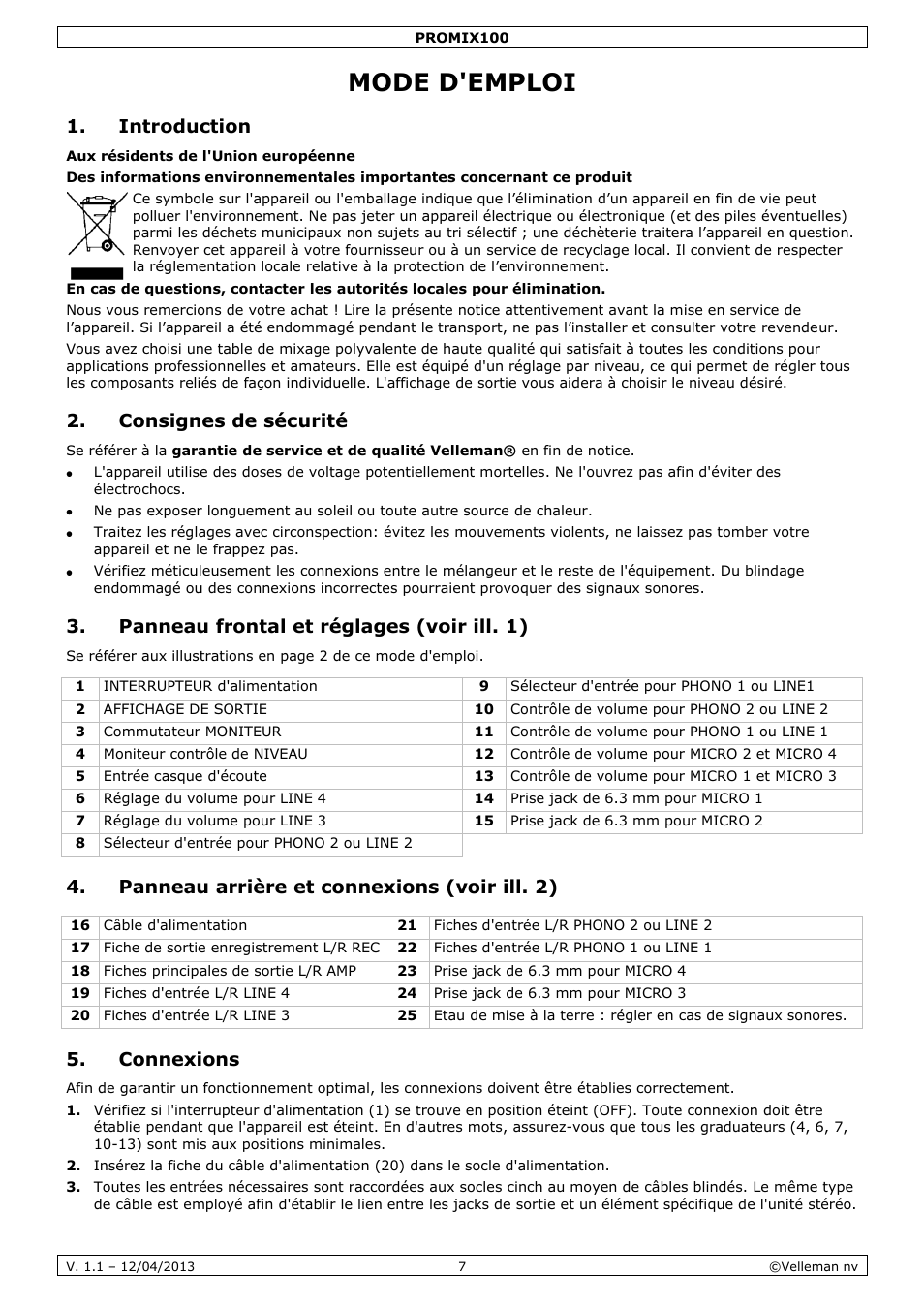 Mode d'emploi, Introduction, Consignes de sécurité | Panneau frontal et réglages (voir ill. 1), Panneau arrière et connexions (voir ill. 2), Connexions | Velleman PROMIX100 User Manual | Page 7 / 14