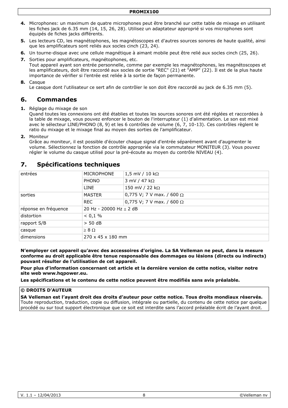 Commandes, Spécifications techniques | Velleman PROMIX100 User Manual | Page 8 / 14