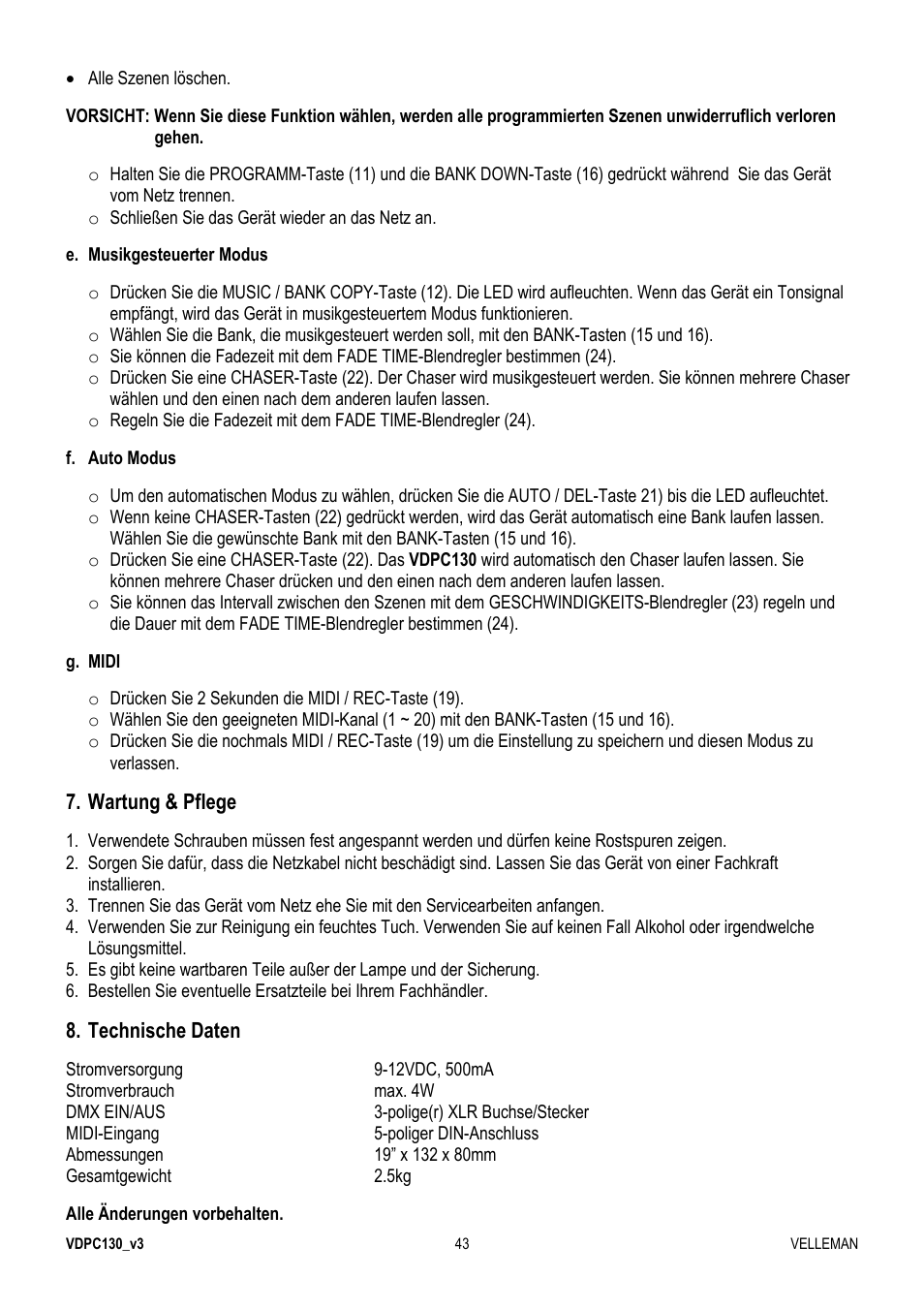 Wartung & pflege, Technische daten | Velleman VDPC130 User Manual | Page 43 / 55