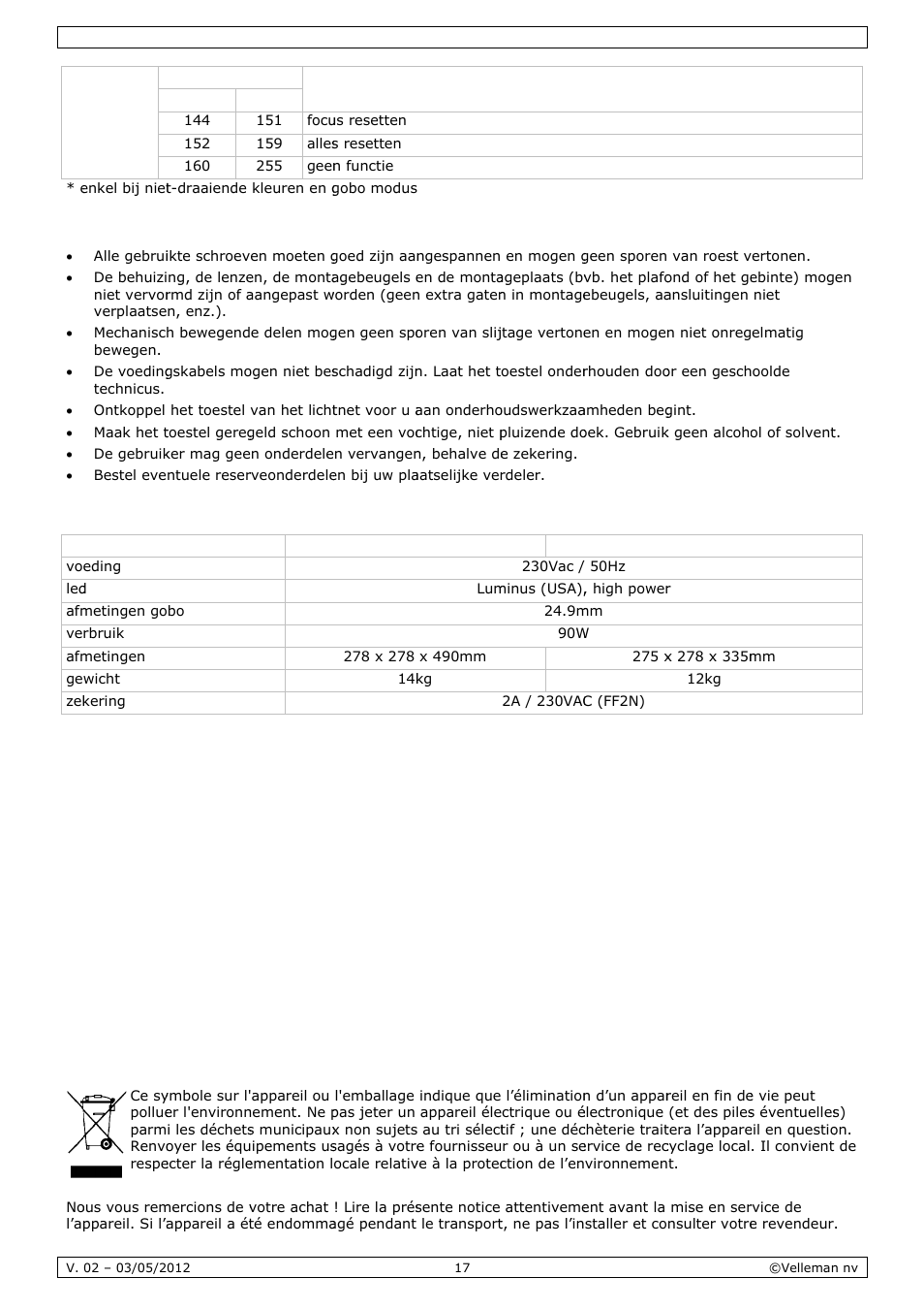 Notice d'emploi, Notic, Ce d’em | Mploi, Reini, Tech, Intro, Iging en, Nische s, Oduction | Velleman VDPL601MHx14 User Manual | Page 17 / 38