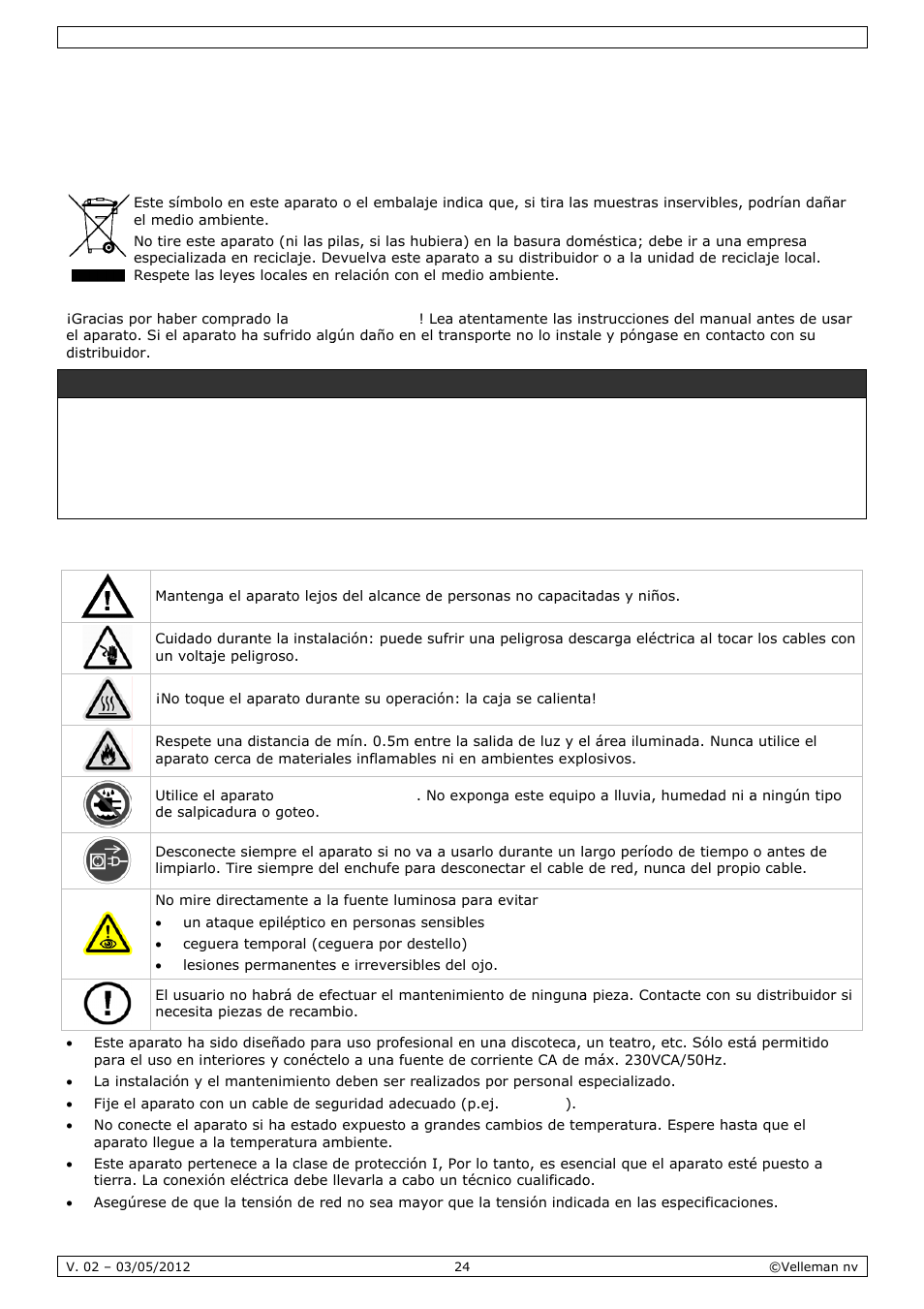 Manual del usuario, Anual, L del u | Usuar, Intro, Instr, Oducción, Ruccione, S de seg, Dverten | Velleman VDPL601MHx14 User Manual | Page 24 / 38