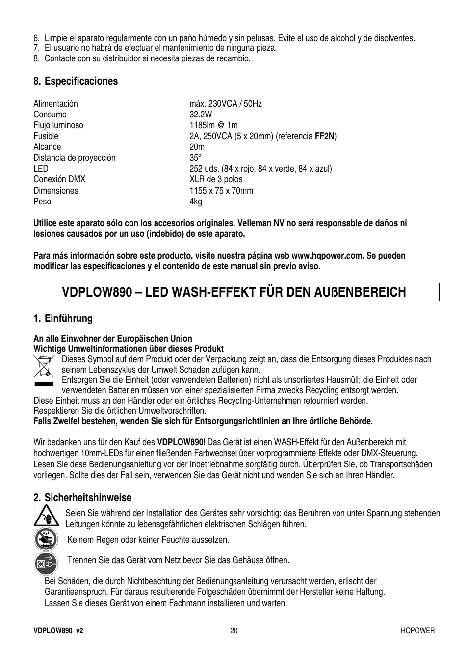 Vdplow890 – led wash-effekt für den außenbereich | Velleman VDPLOW890 User Manual | Page 20 / 24