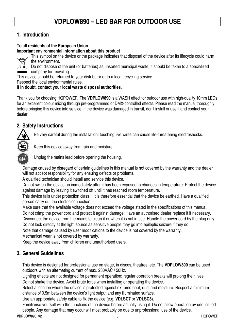 Vdplow890 – led bar for outdoor use | Velleman VDPLOW890 User Manual | Page 3 / 24