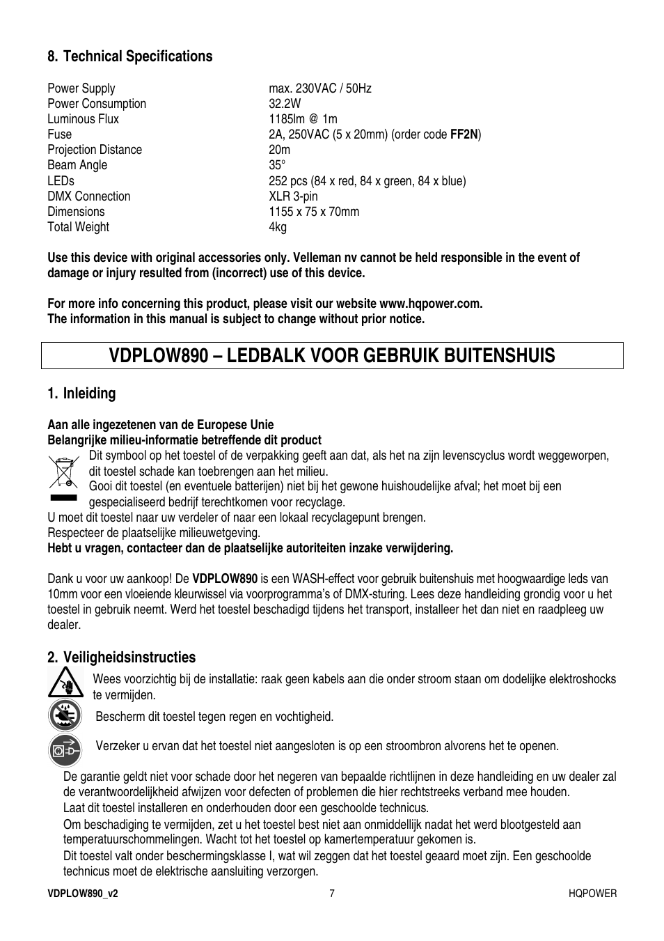 Vdplow890 – ledbalk voor gebruik buitenshuis | Velleman VDPLOW890 User Manual | Page 7 / 24