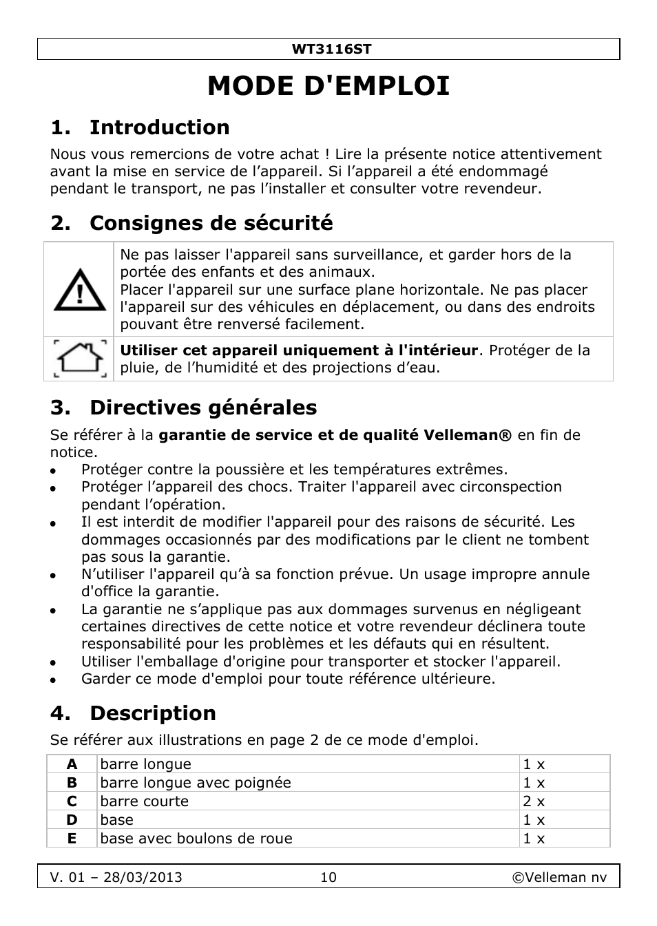 Mode d'emploi, Introduction, Consignes de sécurité | Directives générales, Description | Velleman WT3116ST User Manual | Page 10 / 20