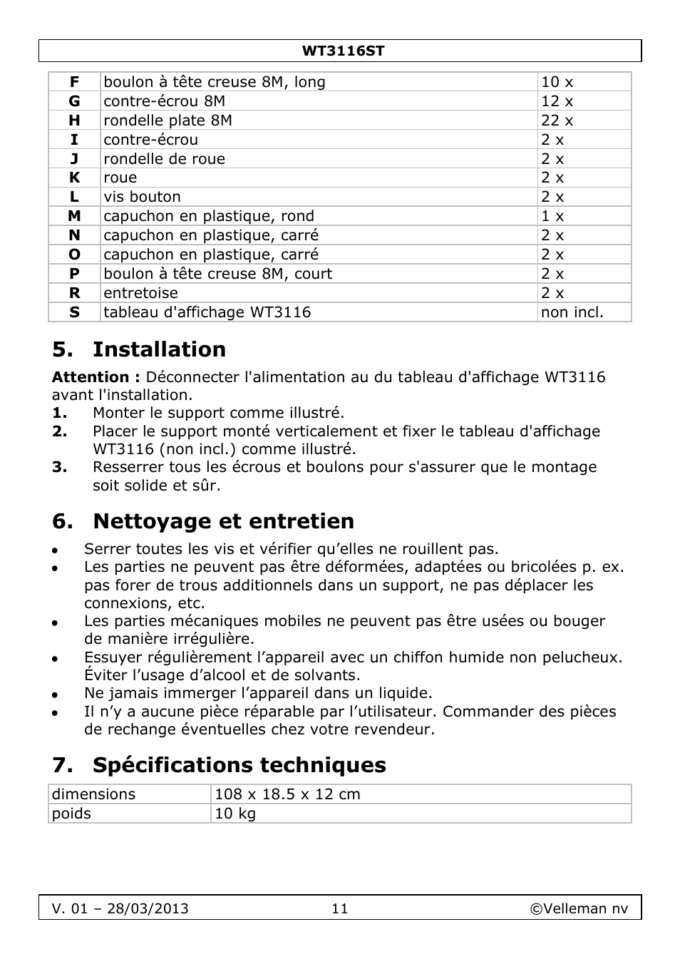 Installation, Nettoyage et entretien, Spécifications techniques | Velleman WT3116ST User Manual | Page 11 / 20