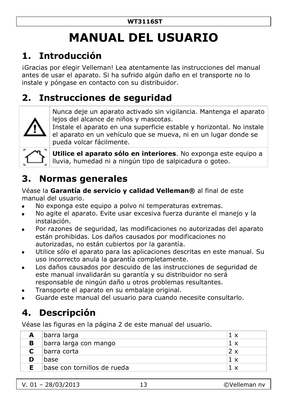 Manual del usuario, Introducción, Instrucciones de seguridad | Normas generales, Descripción | Velleman WT3116ST User Manual | Page 13 / 20