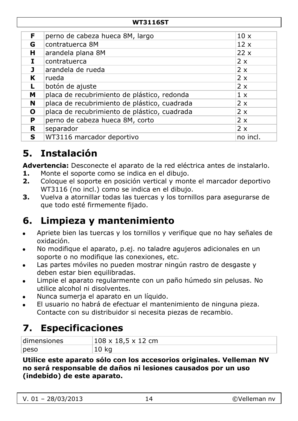 Instalación, Limpieza y mantenimiento, Especificaciones | Velleman WT3116ST User Manual | Page 14 / 20