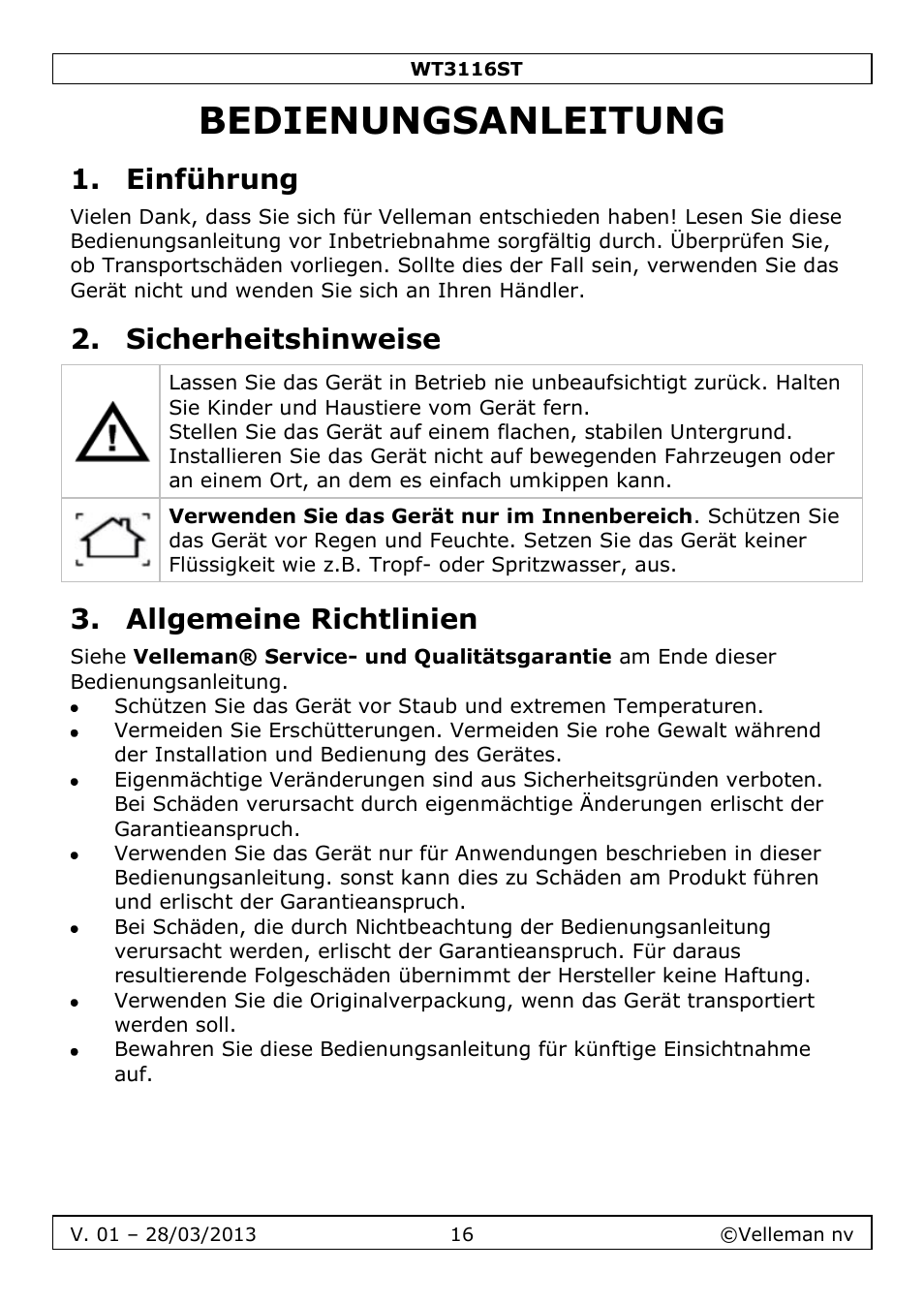 Bedienungsanleitung, Einführung, Sicherheitshinweise | Allgemeine richtlinien | Velleman WT3116ST User Manual | Page 16 / 20