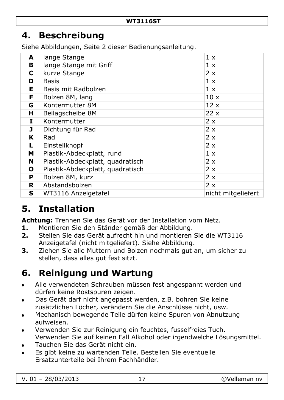 Beschreibung, Installation, Reinigung und wartung | Velleman WT3116ST User Manual | Page 17 / 20